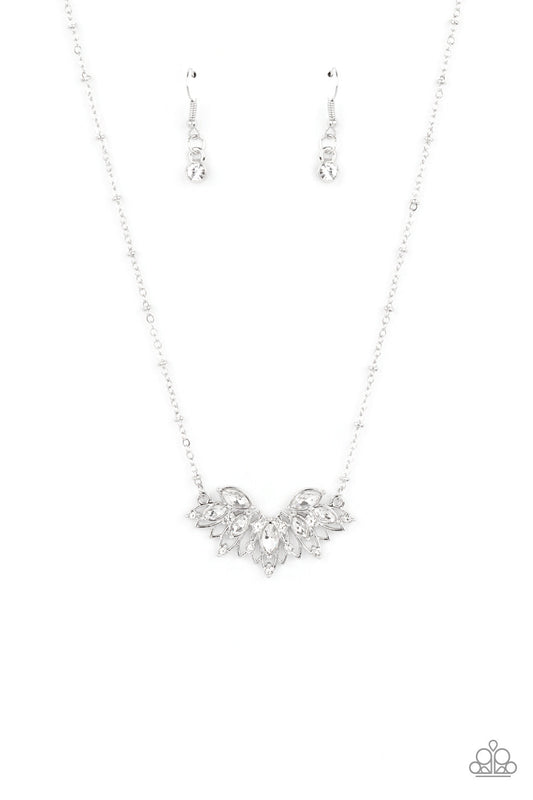 Deluxe Diadem - White Rhinestone/Airy Silver Petal Paparazzi Necklace & matching earrings