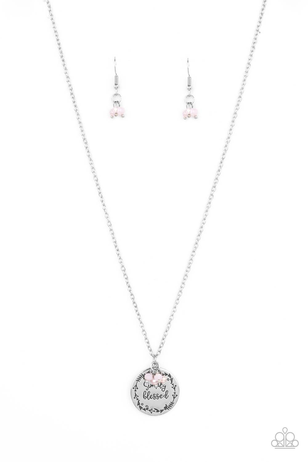 Simple Blessings - Pink Crystal-Like Beads & "Simply Blessed" Disc Paparazzi Pendant Necklace & matching earrings