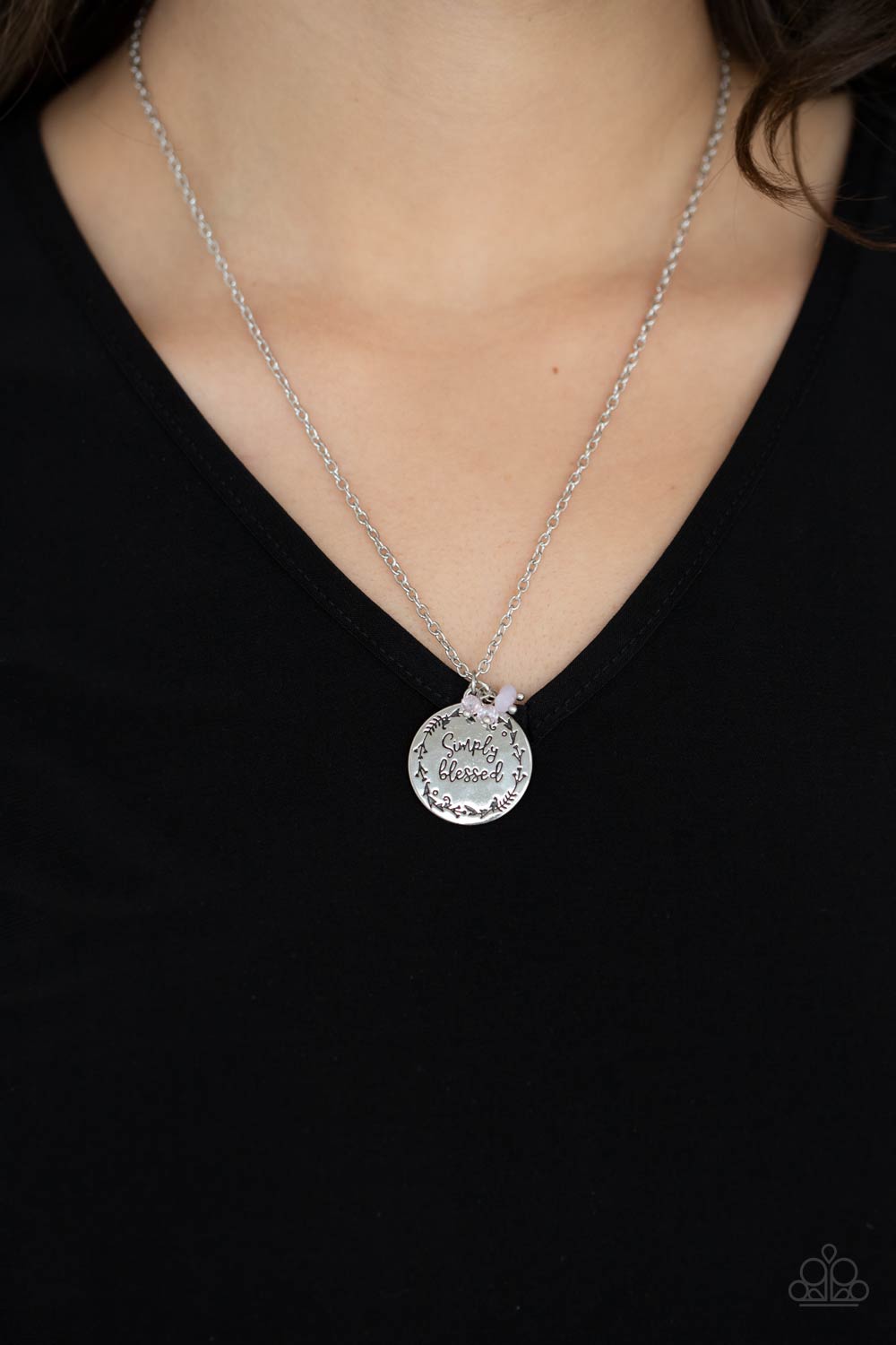 Simple Blessings - Pink Crystal-Like Beads & "Simply Blessed" Disc Paparazzi Pendant Necklace & matching earrings
