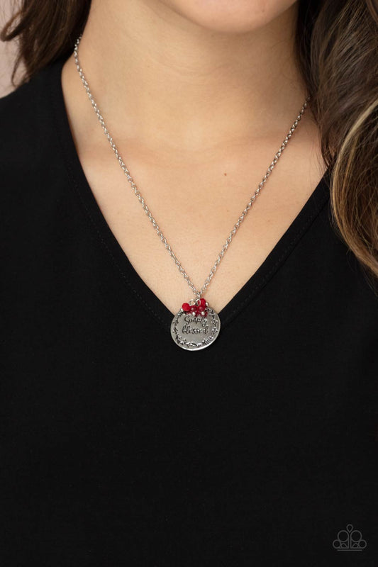 Simple Blessings - Red Dainty Crystal-Like Beads & Simply Blessed Pendant Paparazzi Necklace & matching earrings