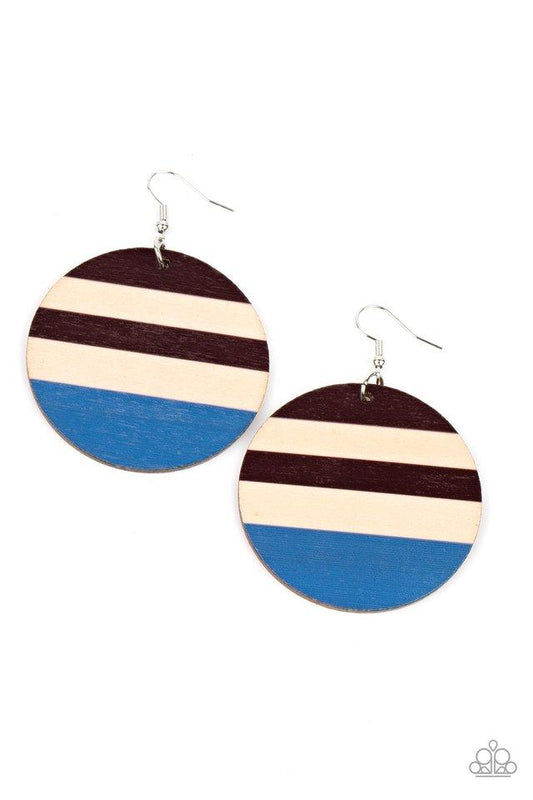 Yacht Party - Blue & Brown Striped Paparazzi Wooden Earrings