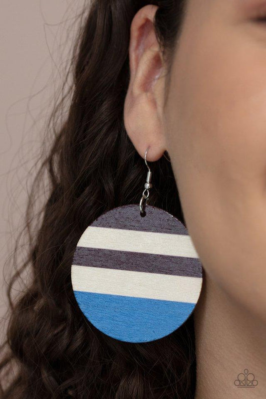 Yacht Party - Blue & Brown Striped Paparazzi Wooden Earrings