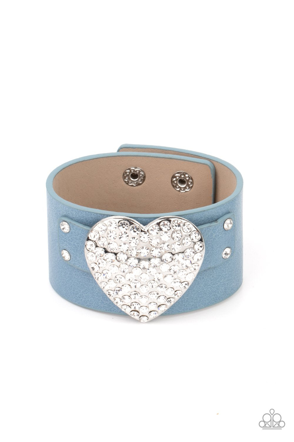 Flauntable Flirt - Blue Leather/White Rhinestone Heart Paparazzi Snap Bracelet