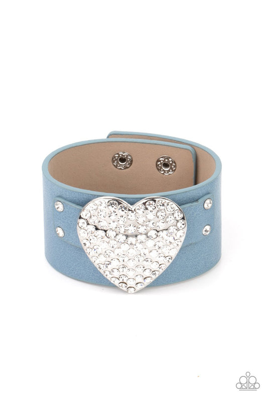 Flauntable Flirt - Blue Leather/White Rhinestone Heart Paparazzi Snap Bracelet