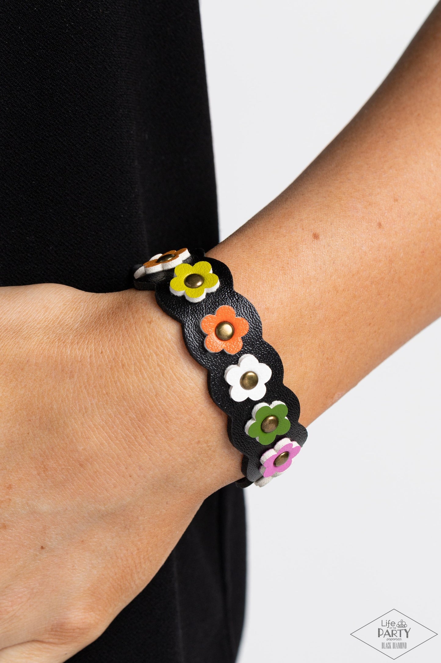 Little Miss Sunshine - Multi Colored Flowers/Black Leather Paparazzi Snap Bracelet
