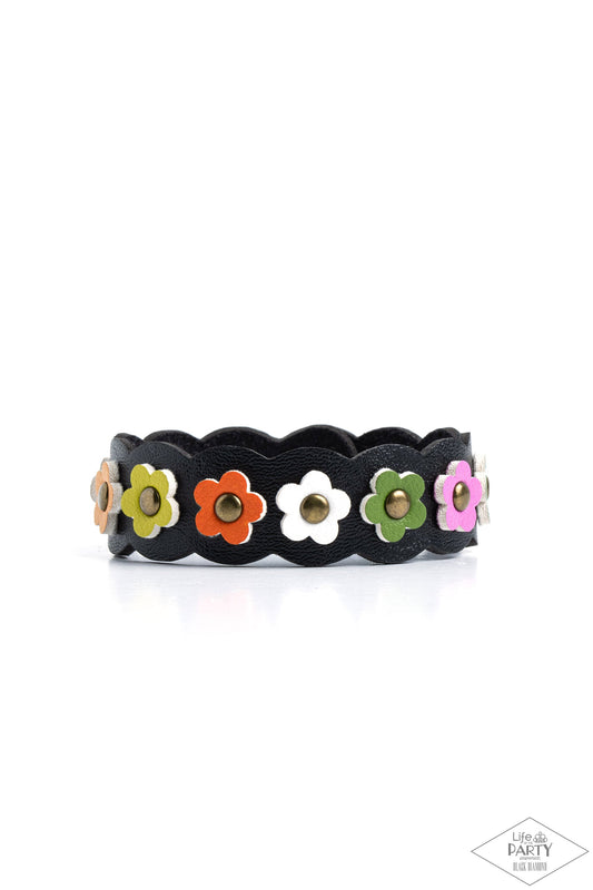 Little Miss Sunshine - Multi Colored Flowers/Black Leather Paparazzi Snap Bracelet