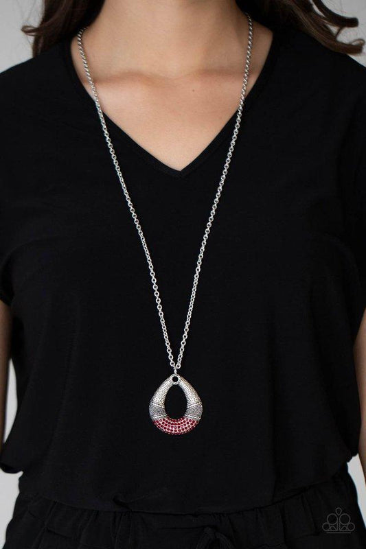 Glitz and Grind - Red Rhinestone Encrusted Silver Teardrop Paparazzi Pendant Necklace & matching earrings