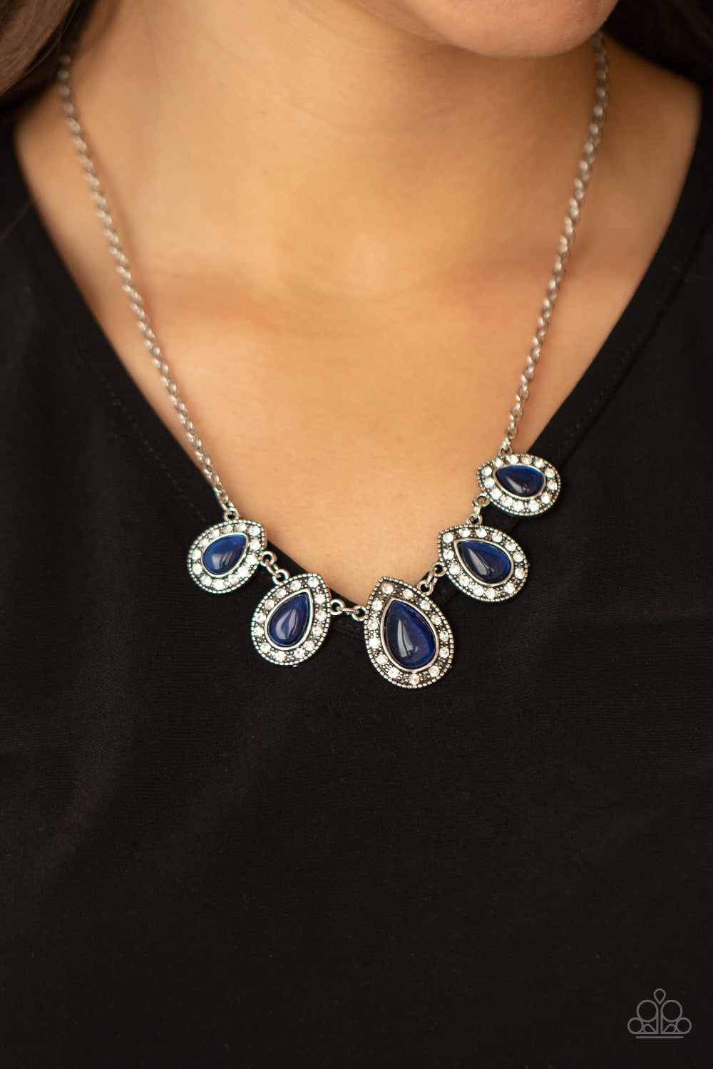 Everlasting Enchantment - Blue Cat's Eye Stone & White Rhinestone Paparazzi Necklace & matching earrings