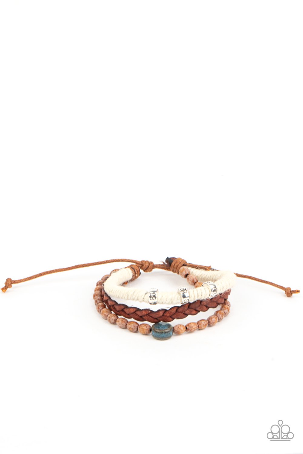 Terrarium Terrain - Blue Ceramic-Like Bead, Wooden Beads, White Twine, & Braided Leather Paparazzi Urban Bracelet