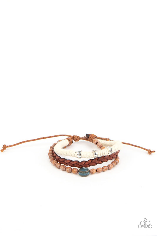 Terrarium Terrain - Blue Ceramic-Like Bead, Wooden Beads, White Twine, & Braided Leather Paparazzi Urban Bracelet