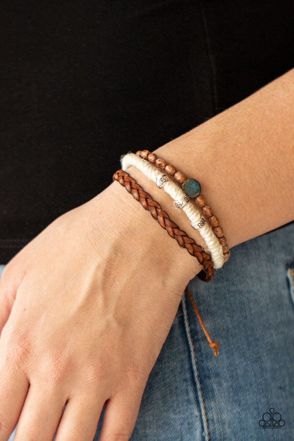 Terrarium Terrain - Blue Ceramic-Like Bead, Wooden Beads, White Twine, & Braided Leather Paparazzi Urban Bracelet