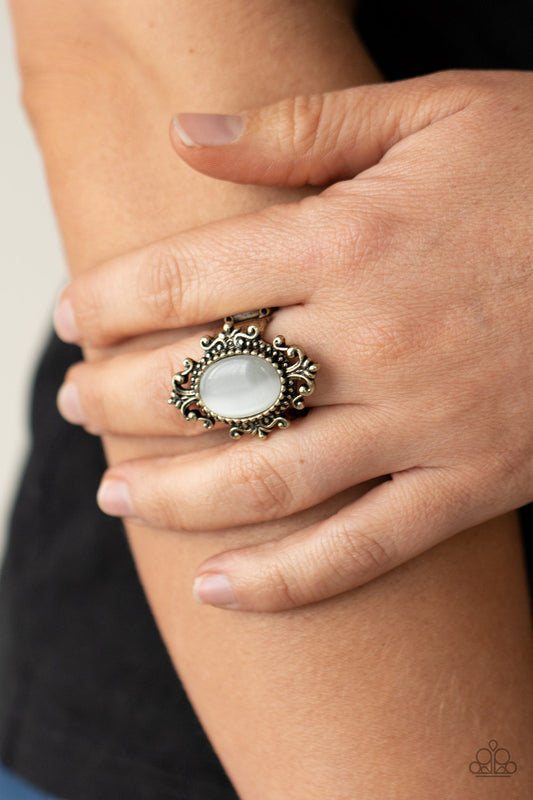 Can You SEER What I SEER - Brass Frame & White Cat's Eye Stone Paparazzi Ring
