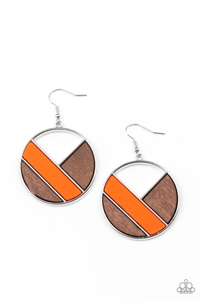 Don't be MODest - Orange & Brown Wooden Geometric Frame Paparazzi Earrings