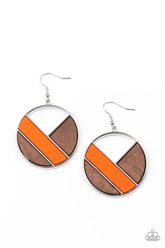 Don't be MODest - Orange & Brown Wooden Geometric Frame Paparazzi Earrings
