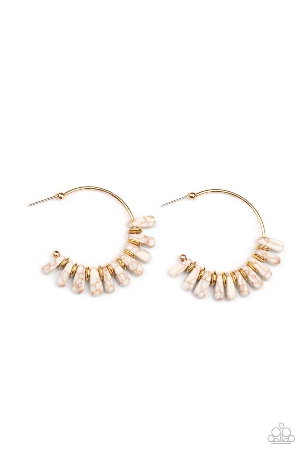 Poshly Primitive - White Flared Stones & Gold Disc Paparazzi Hoop Earrings