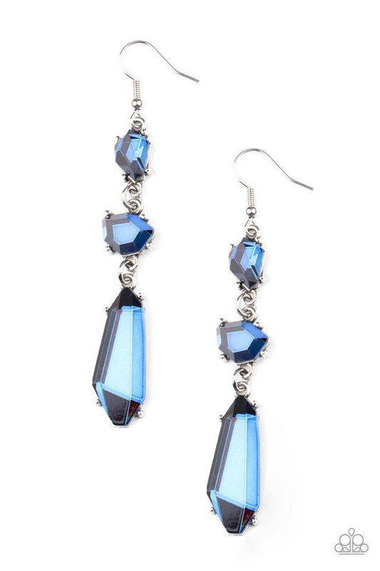 Sophisticated Smolder - Blue Faceted Asymmetrical Gem Paparazzi Chandelier Earrings