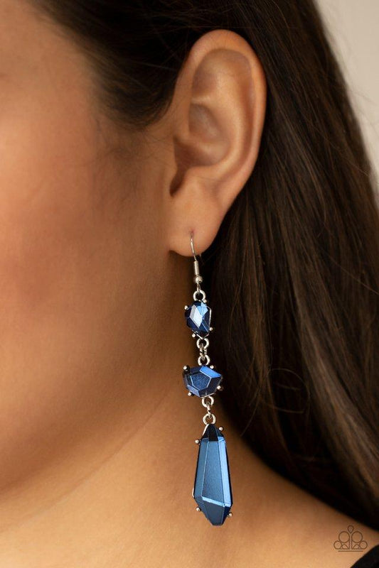 Sophisticated Smolder - Blue Faceted Asymmetrical Gem Paparazzi Chandelier Earrings