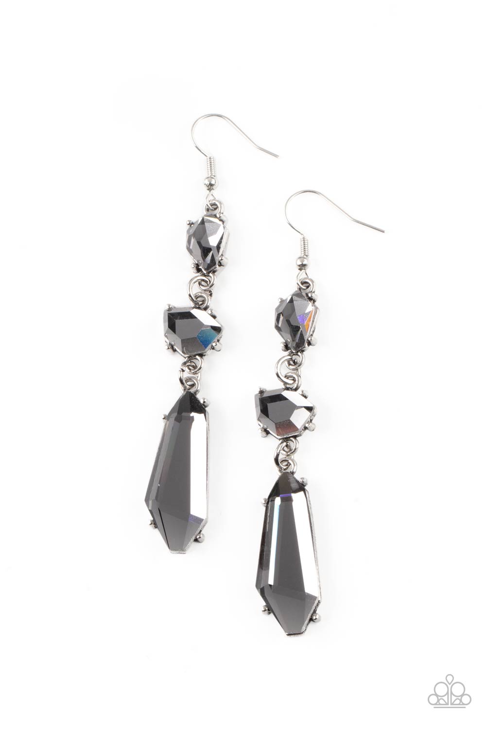 Sophisticated Smolder - Silver/Hematite Faceted Asymmetrical Gem Paparazzi Chandelier Earrings
