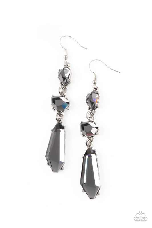 Sophisticated Smolder - Silver/Hematite Faceted Asymmetrical Gem Paparazzi Chandelier Earrings