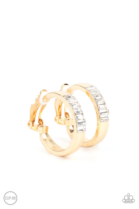 Ready, Steady, GLOW - Gold & White Rhinestone Paparazzi CLIP-ON Hoop Earrings