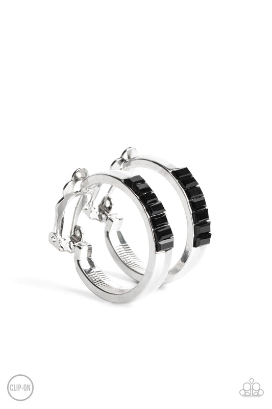 Ready, Steady, GLOW - Black Emerald-Style Rhinestone Encrusted Paparazzi CLIP-ON Hoop Earrings