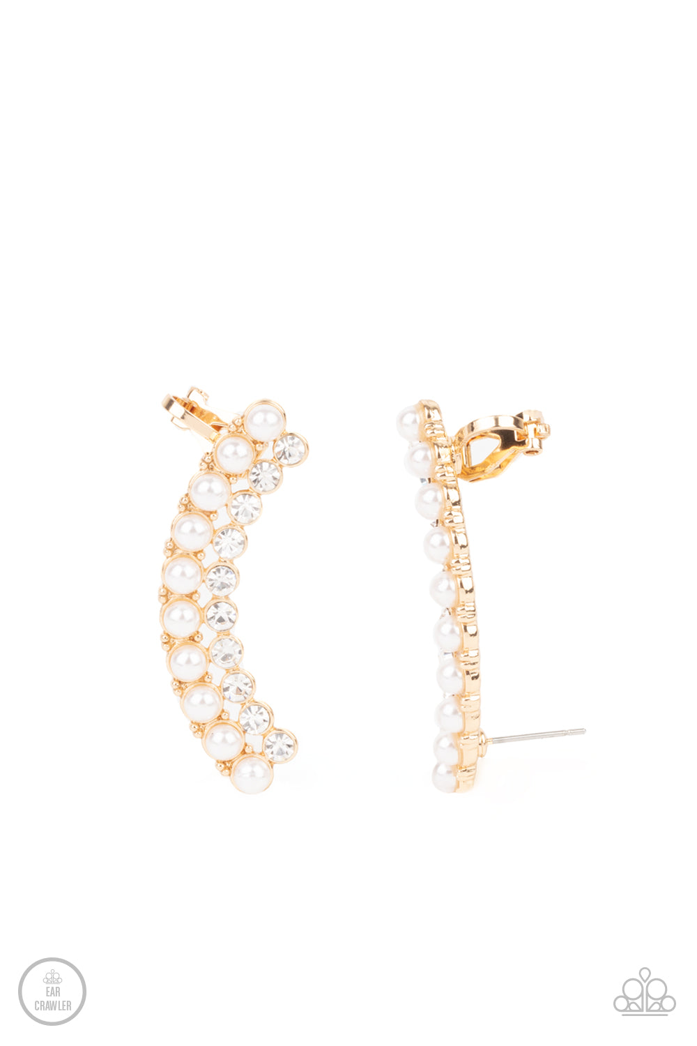 Doubled Down On Dazzle - Gold Fittings, White Pearls, & White Rhinestone Paparazzi Ear Crawler Earrings