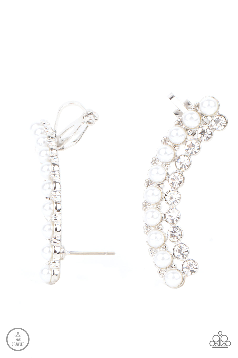Doubled Down On Dazzle - White Pearl & Rhinestone Encrusted Paparazzi EAR CRAWLER Earrings