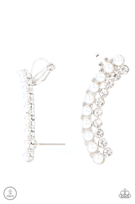 Doubled Down On Dazzle - White Pearl & Rhinestone Encrusted Paparazzi EAR CRAWLER Earrings