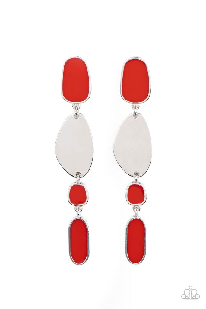 Deco By Design - Red & Silver Asymmetrical Frame Paparazzi Earrings