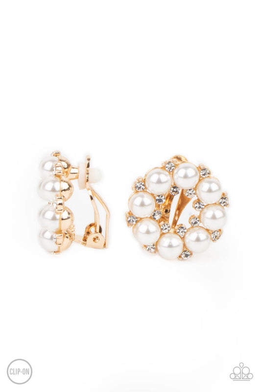 Roundabout Ritz - Gold Frame/White Pearl/White Rhinestone Paparazzi CLIP-ON Earrings