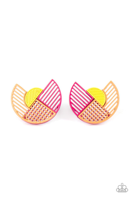 It's Just an Expression - Pink, Orange, & Yellow Linear Pattern Paparazzi Post Earrings