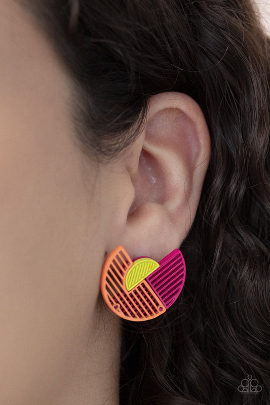 It's Just an Expression - Pink, Orange, & Yellow Linear Pattern Paparazzi Post Earrings