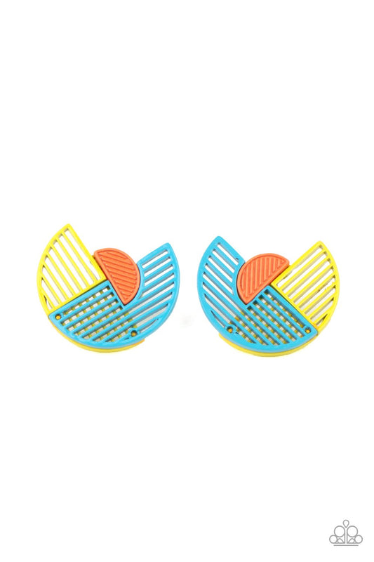 It's Just an Expression - Blue, Yellow & Orange Linear Stenciled Paparazzi Post Earrings