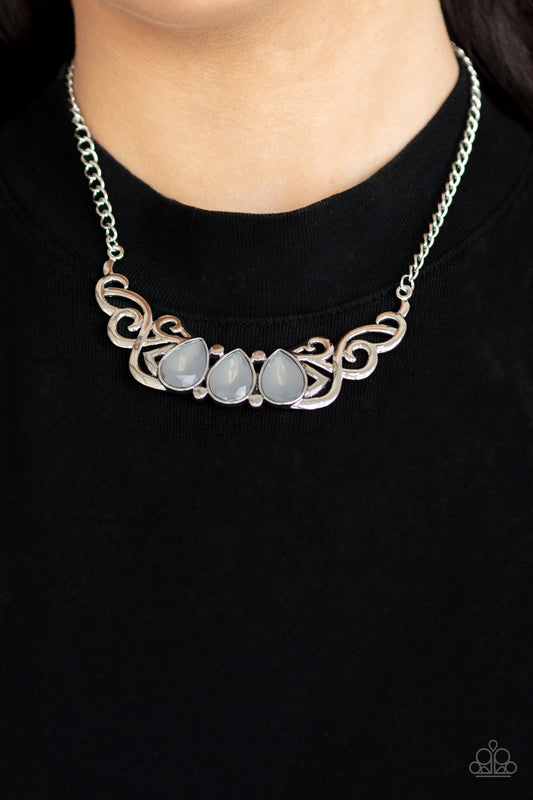 Heavenly Happenstance - Silver Smoky Teardrop Beads & Silver Filigree Centerpiece Paparazzi Necklace & matching earrings