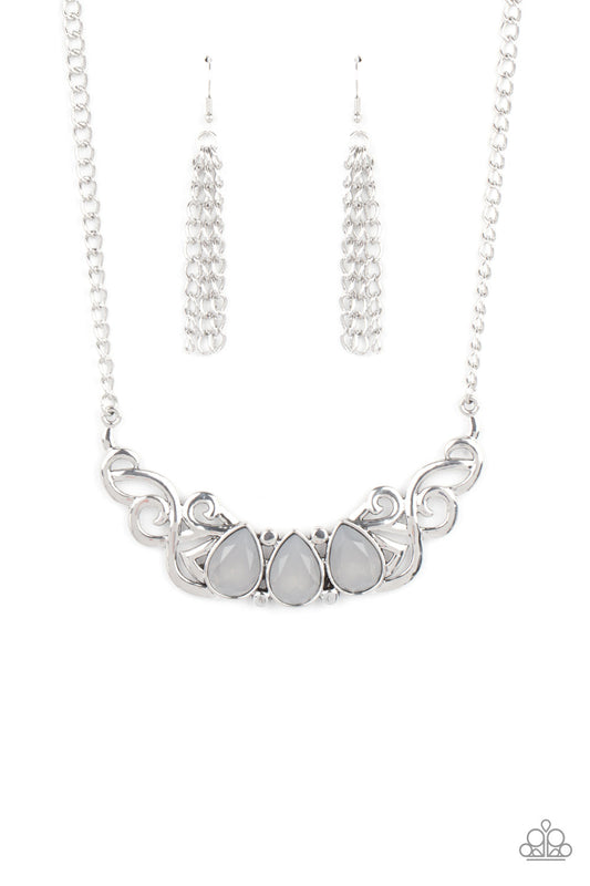 Heavenly Happenstance - Silver Smoky Teardrop Beads & Silver Filigree Centerpiece Paparazzi Necklace & matching earrings