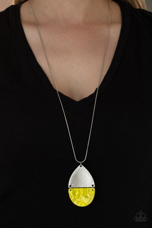 Rainbow Shores - Yellow Shell-Like Half Moon/Silver Triangle Paparazzi Pendant Necklace & matching earrings