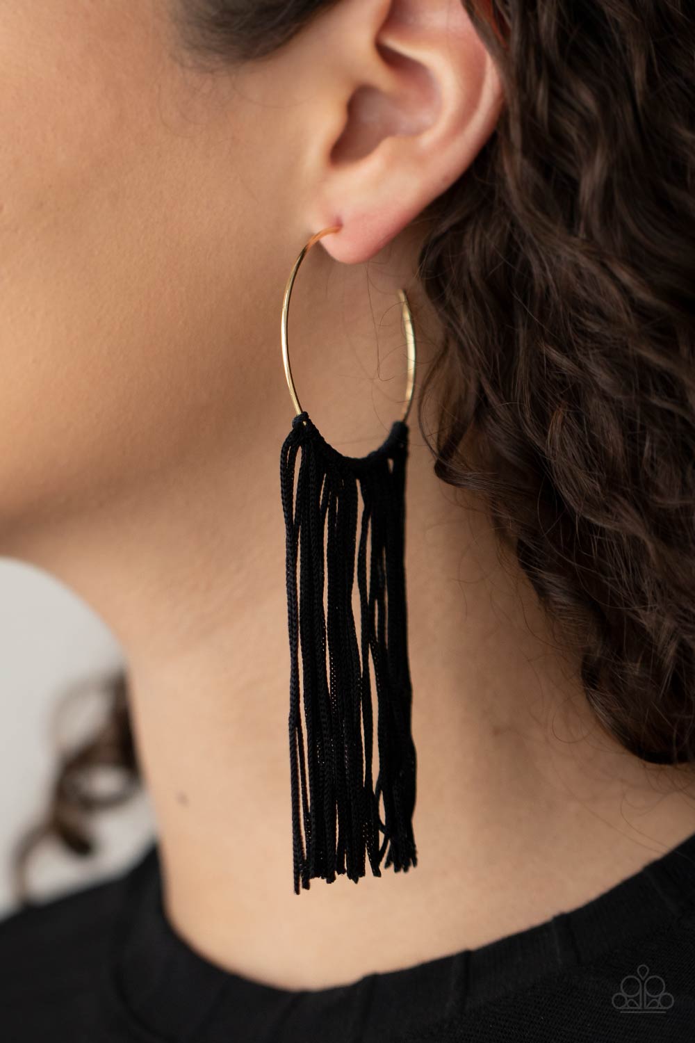 Flauntable Fringe - Gold Dainty Hoop & Black Cord Fringe Paparazzi Earrings