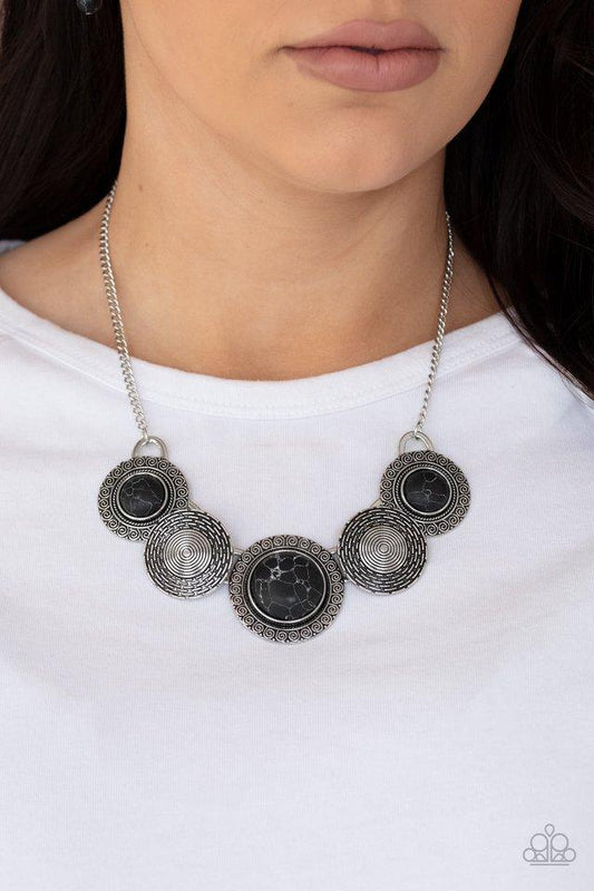 Canyon Cottage - Black Swirly Pattern Stone Frame Paparazzi Necklace & matching earrings
