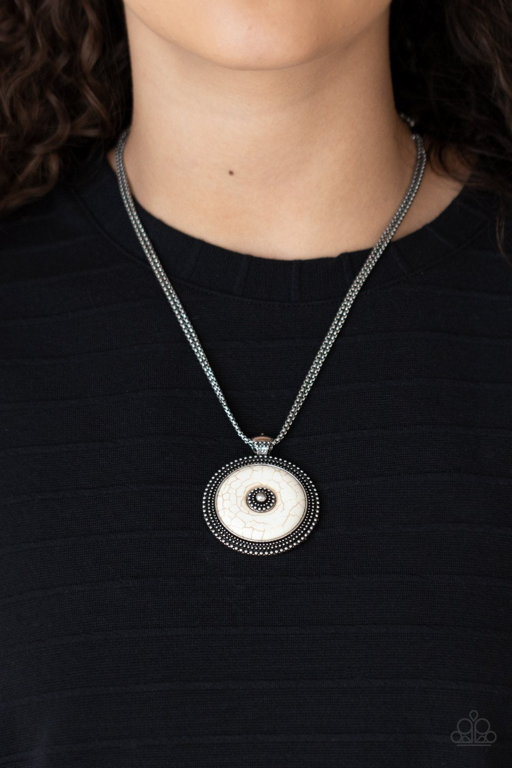 EPICENTER of Attention - White Stone Disc & Textured Silver Frame Pendant Paparazzi Necklace & matching earrings