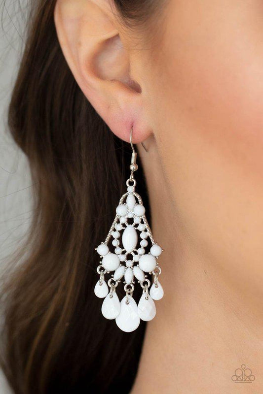 STAYCATION Home - White Beaded Studded Silver Frame Paparazzi Earrings