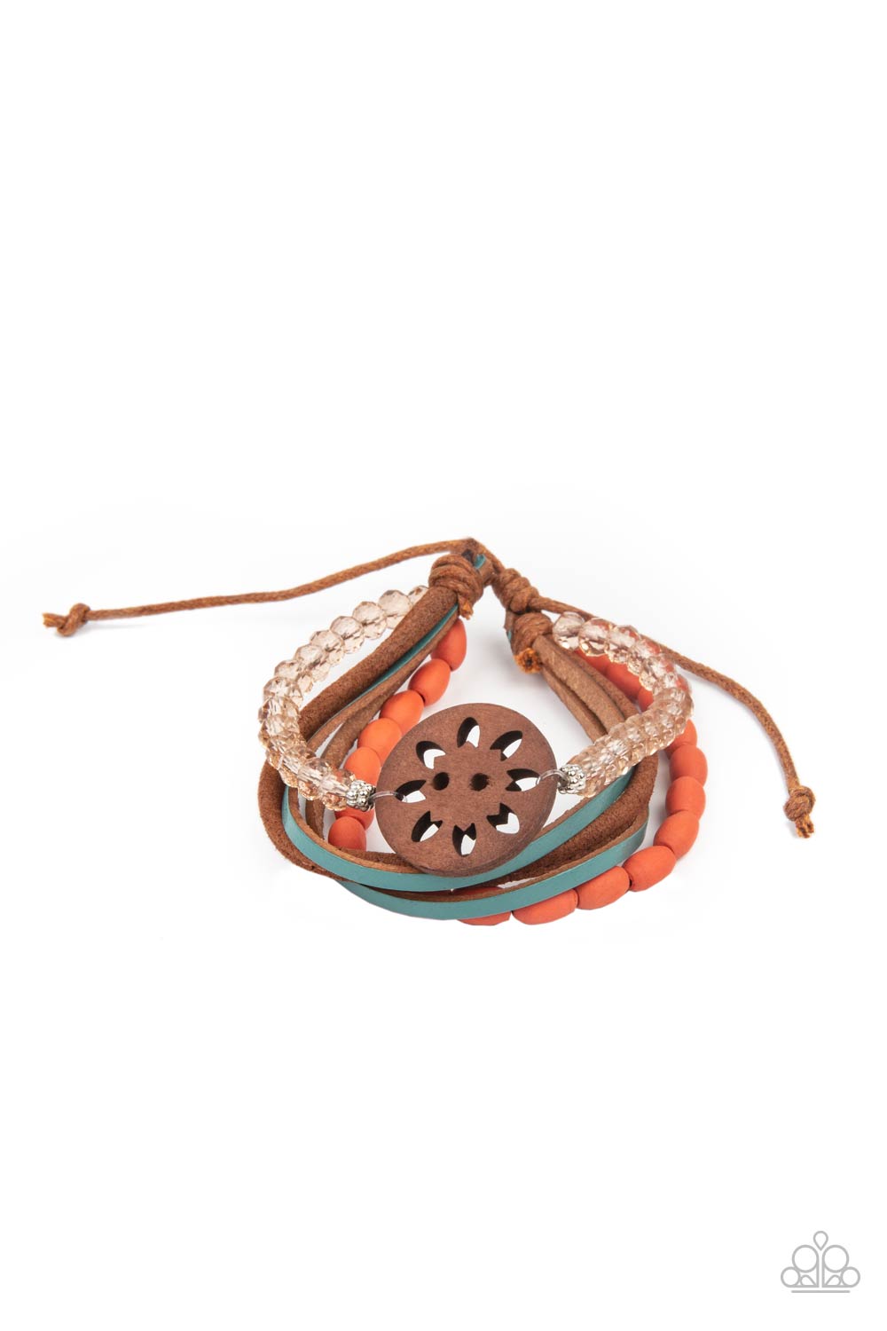 Desert Gallery - Multi Orange Wooden Beads, Wooden Floral Centerpiece & Topaz Crystal-Like Beaded Paparazzi Urban Bracelet