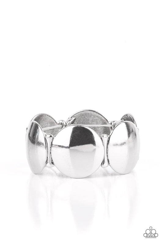 Going, Going, GONG! - Silver Beveled Discs Paparazzi Stretch Bracelet