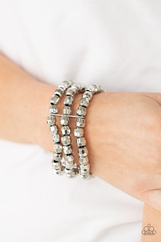 Magnetically Maven - Silver Faceted Beaded Paparazzi Stretch Bracelet