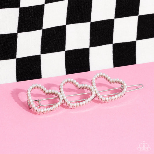 Love Struck - White Dainty Pearl Heart Paparazzi Hair Clip