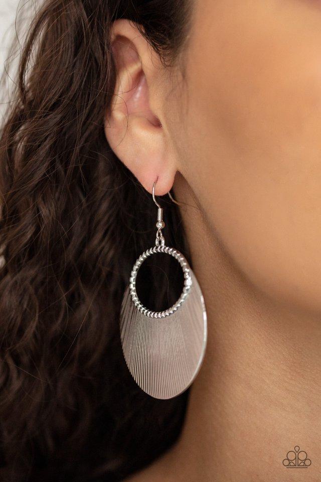 Fan Girl Glam - Silver Linear Texture Crescent Shaped Fan Paparazzi Earrings