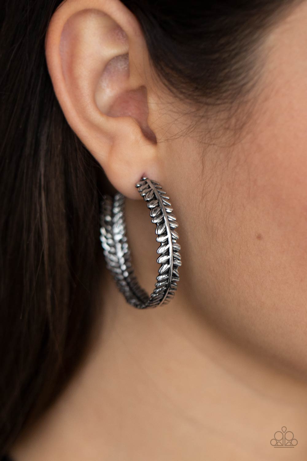 Laurel Gardens - Silver Antiqued Leafy Frame Paparazzi Hoop Post Earrings
