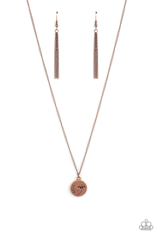 Hold On To Hope - Copper "Hope" & Whimsical Flower Stamped Pendant Paparazzi Necklace & matching earrings