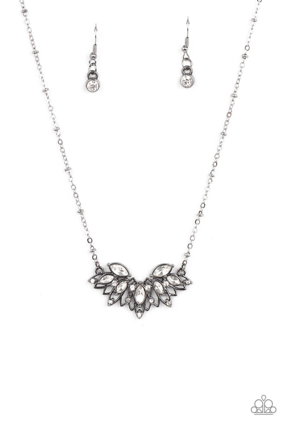 Deluxe Diadem - Gunmetal & White Rhinestone Airy Petals Paparazzi Necklace & matching earrings