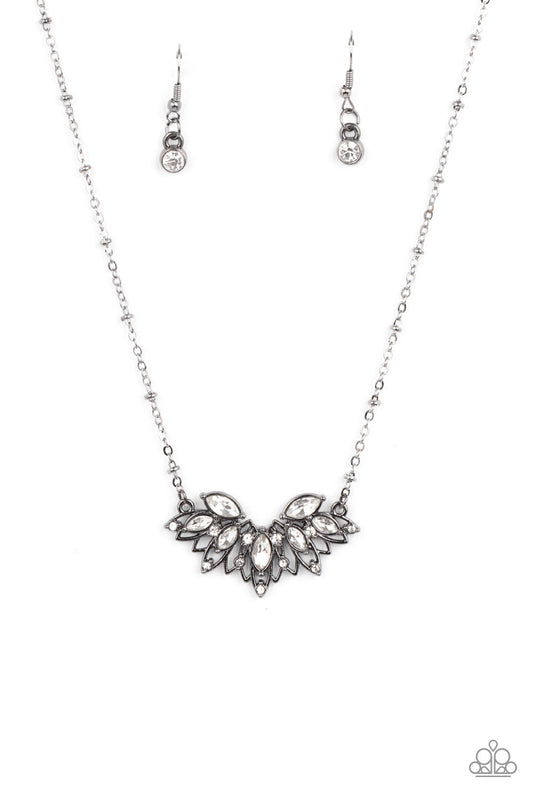 Deluxe Diadem - Gunmetal & White Rhinestone Airy Petals Paparazzi Necklace & matching earrings