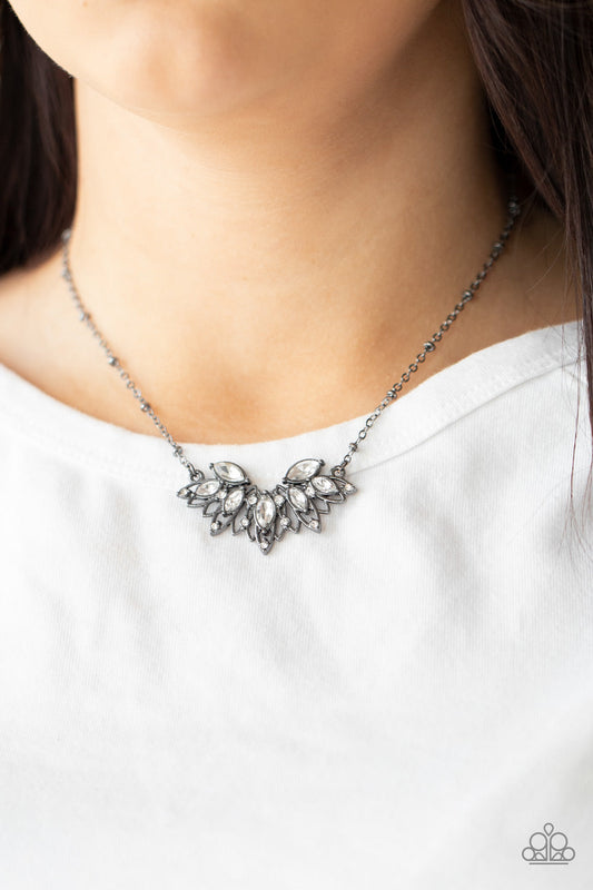 Deluxe Diadem - Gunmetal & White Rhinestone Airy Petals Paparazzi Necklace & matching earrings